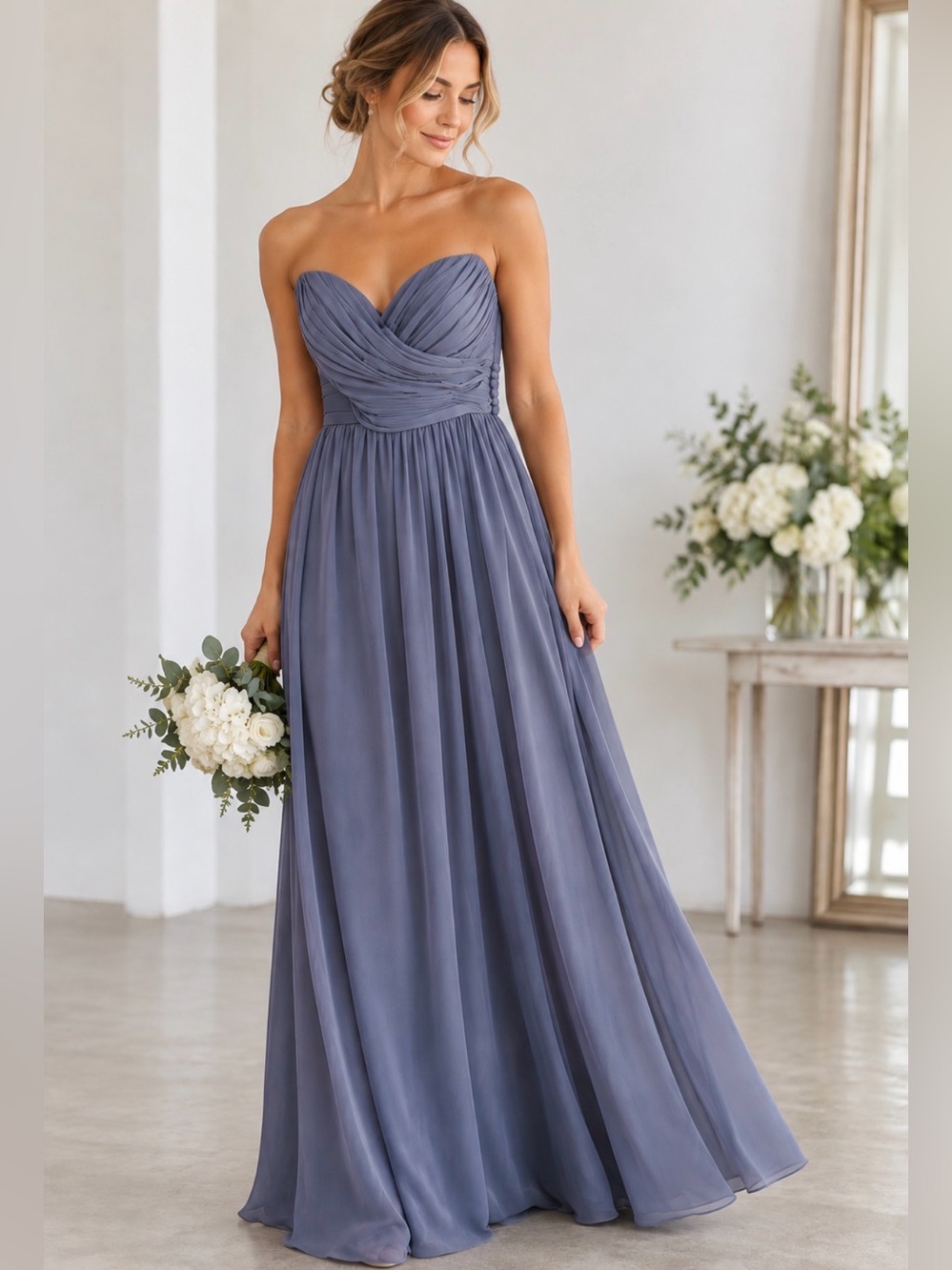 Jenny Yoo Collection Gray Blue Chiffon Ruched Maxi Gown Dress Size 8